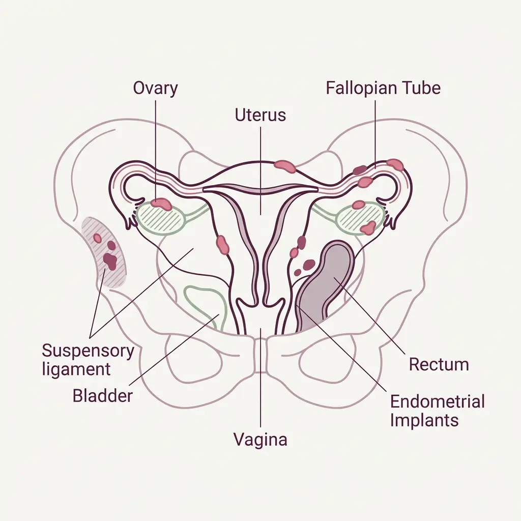 Clinical illustration of Endometriosis tissue pattern in the body